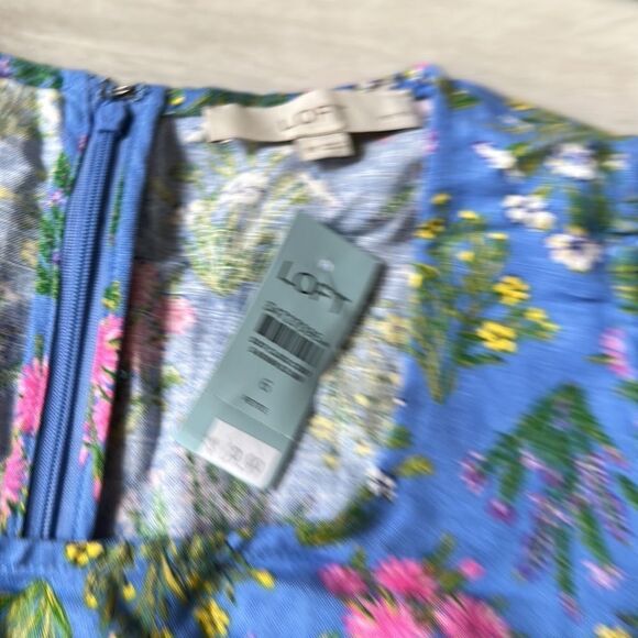 The Loft Floral‎ U-Neck Puff Sleeve Dress Blue/Floral 6 Petite NWT - Picture 4 of 5